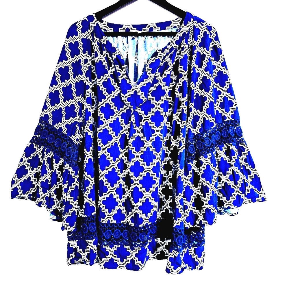 Crown & Ivy Women 3X Blue & White Chain Style Pullover V-neck Long Sleeve Tunic